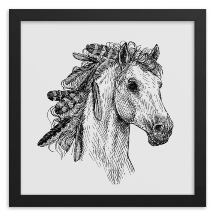 Mustang with Feathers Framed Art Print (Grey)